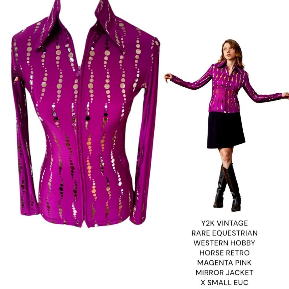 VINTAGE Y2K RARE EQUESTRIAN‎ HOBBY HORSE WESTERN PINK RETRO MIRROR TOP XSMALL #5